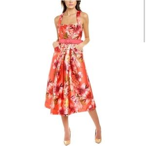 Kay Unger Coral Floral Halter Dress